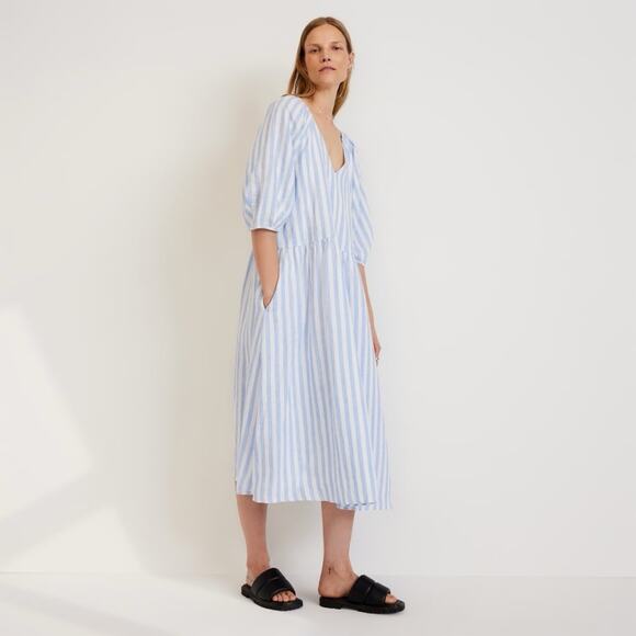 Everlane Dresses & Skirts - Everlane The Linen Oversized Puff Sleeve Midi Dress Striped Blue V-Neck Size XS